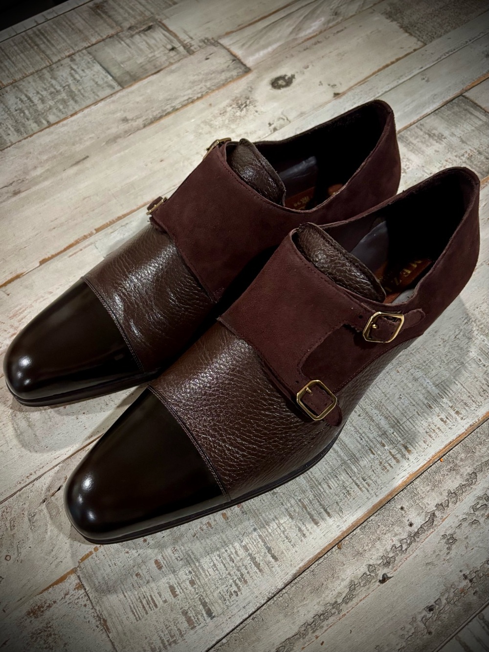 Mezlan Brown Three-Texture Double Monk Strap Shoes. Classic, elegance & quality
